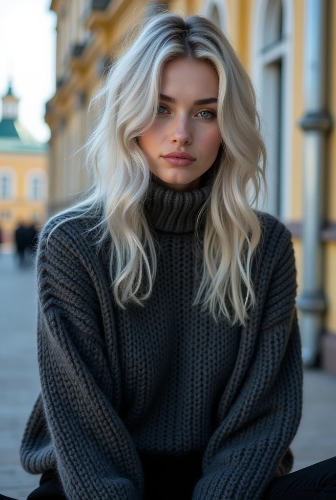 Beautiful girl with white skin, light gray hair, with bright shining eyes, Shiny skin, pearl skin, in a dark gray voluminous knitted sweater and black pants,  professional photo, 4K, a high resolution, high detail, realistic, looks straight, Sits up straight, Against the backdrop of St. Petersburg