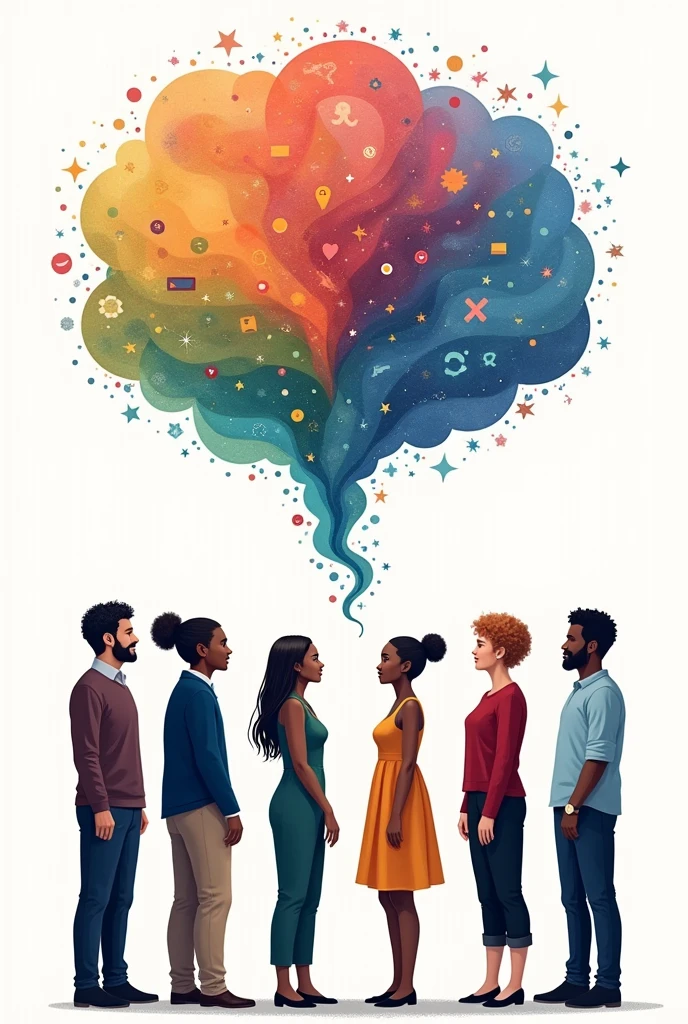 A group of people from different countries looking at each other, with a cloud of thoughts above them that unites everyone's thoughts into one single entity on a white background. 