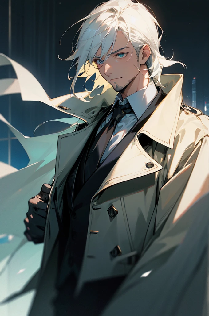 1boy, male focus, solo, white medium hair, necktie, small facial hair, black necktie, shirt, trench coat, coat, white shirt, night, night dynamic lighting, outdoors, ((masterpiece))