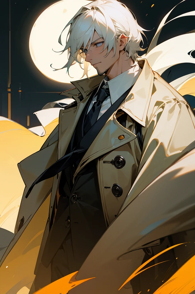 1boy, male focus, solo, white medium hair, necktie, small facial hair, black necktie, shirt, trench coat, coat, white shirt, night, night dynamic lighting, outdoors, ((masterpiece))
