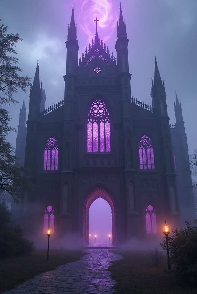 Create a huge temple in the English style, that emanates a cursed purple energy