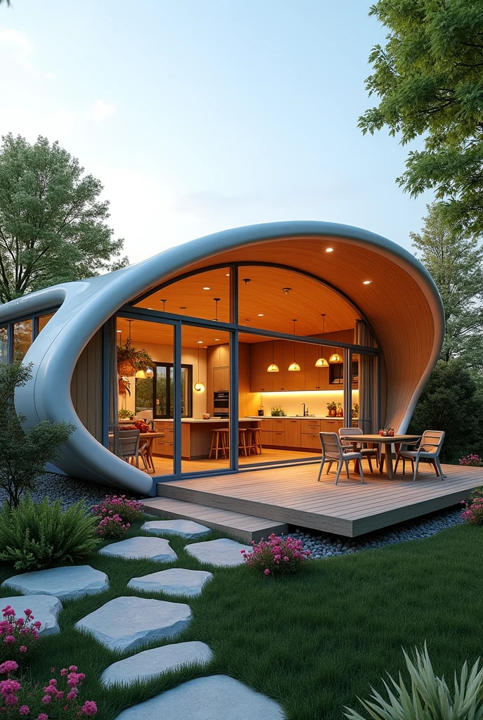 Create a single-story house that has translation, rotation, and movement, where I can have a kitchen, bathroom, and living room.
