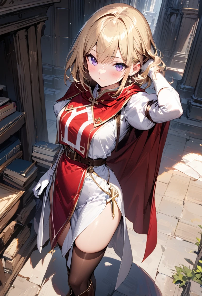 (masterpiece),(best quality),(ultra-detailed),(best illustration),(best shadow),(absurdres),(detailed background),(very aesthetic), 1girl, solo, smile, boots, blonde-hair, purple-eyes, gloves, looking-at-viewer, thighhighs, full-body, cape, white-gloves, dress, red-cape, closed-mouth, white-dress, side-slit, book, long-sleeves, simple-background, standing, brown-thighhighs, brown-footwear, outline, belt, knee-boots, cross, jewelry, juliet-sleeves, tabard, medium-hair, earrings, blush, hand-in-own-hair, puffy-sleeves
