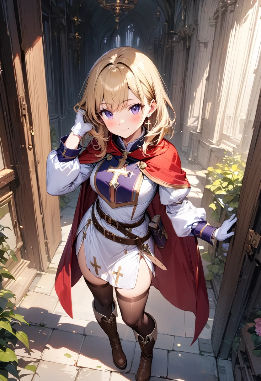 (masterpiece),(best quality),(ultra-detailed),(best illustration),(best shadow),(absurdres),(detailed background),(very aesthetic), 1girl, solo, smile, boots, blonde-hair, purple-eyes, gloves, looking-at-viewer, thighhighs, full-body, cape, white-gloves, dress, red-cape, closed-mouth, white-dress, side-slit, book, long-sleeves, simple-background, standing, brown-thighhighs, brown-footwear, outline, belt, knee-boots, cross, jewelry, juliet-sleeves, tabard, medium-hair, earrings, blush, hand-in-own-hair, puffy-sleeves
