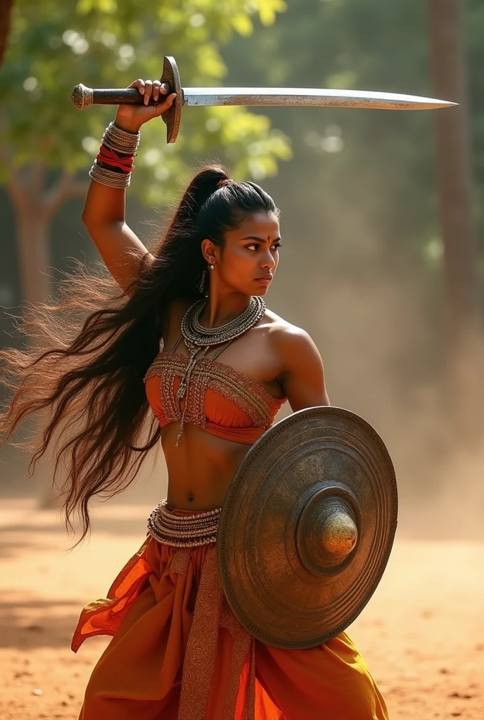 Kalari woman with sword on one hand above head and shield in the other hand, raising from the ground with warrior pose and has very fierce eyes