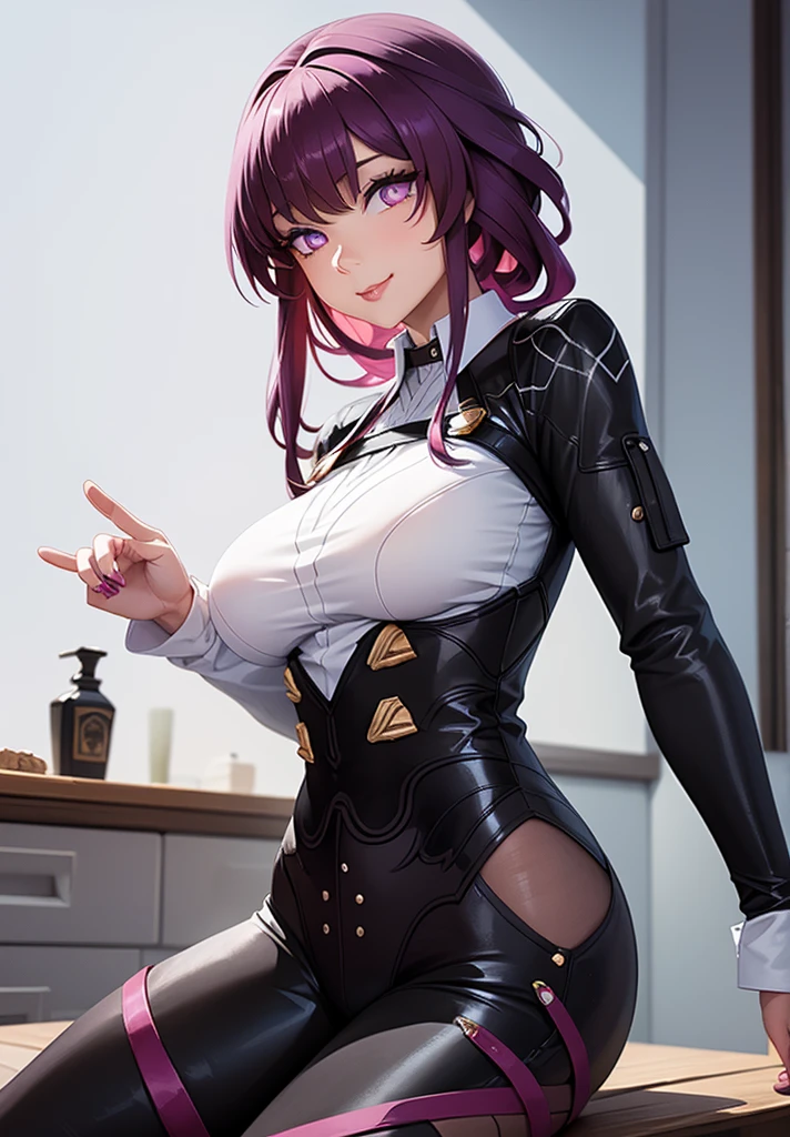 masterpiece, best quality, ultra detailed, watercolor and oil painting fusion, hot black artwork, white line art, beautiful woman, 1 woman, older woman kafka, beauty, perfect anatomy, perfect eyes, perfect fingers, perfect hands, anime girl, sexy uniform, thight, breast, purple hair, seductive smile, room background, with a finger in her mouth, soft, seductive, hot, spicy,