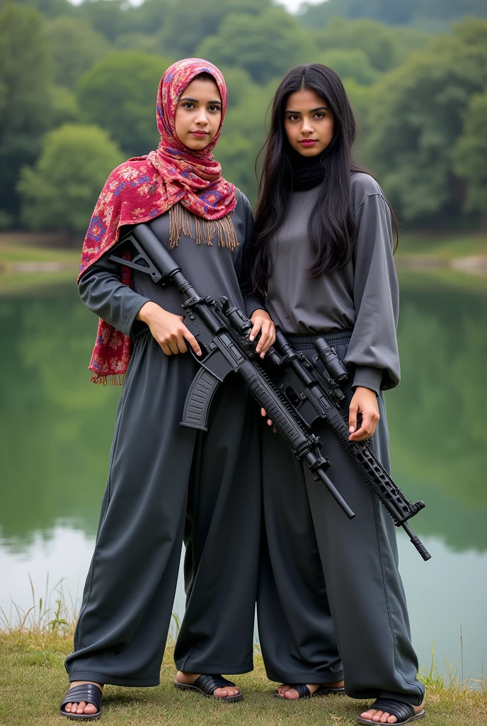 There are two girls. One is wearing a headscarf, 23, There are 1.A girl with a 63-inch bust, another girl is 25 years old with long black hair, 1.They should be 80 cm tall, strong and agile, have full-length photos of two cousin girls side by side, be sporty but not revealing, have long clothes, have long hair, have an M24 gun in the girl's hand, have photos taken in BALIKLI LAKE, URFA
