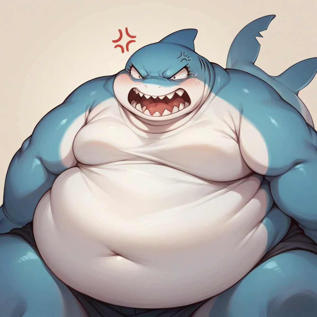 Fat, obese, gluttonous blue shark girl, kinomo, angry,