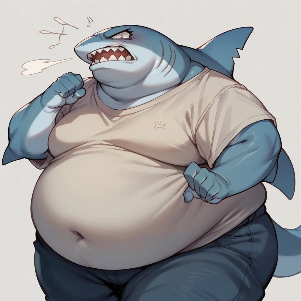 Fat, obese, gluttonous blue shark girl, kinomo, angry,