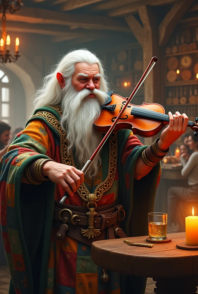 dwarf, white hair, bard, using a violin, Tabletop RPG style