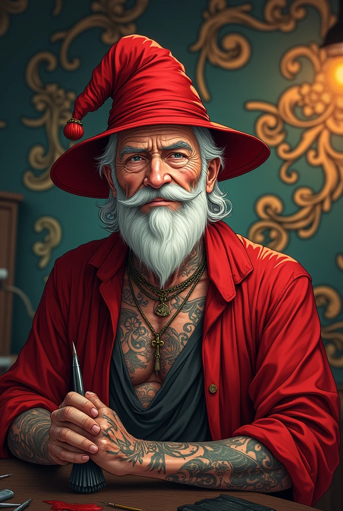 create a character like an old male anime for a tattoo studio, his name is wizard, he has red clothes, tattoos, the image is only from the chest up , He has a red anime wizard hat.