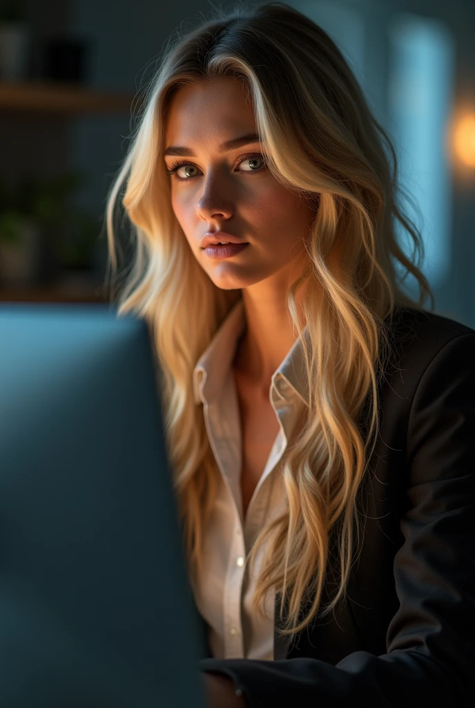 a beautiful men with long blonde hair, detailed eyes, nose, and lips, wearing professional outfit, siting in her office, using her computer, hp comuter (best quality,4k,8k,highres,masterpiece:1.2),ultra-detailed,(realistic,photorealistic,photo-realistic:1.37),HDR,studio lighting,extremely detailed face and body, portrait,cinematic lighting,dramatic lighting,warm color tones,dramatic colors
