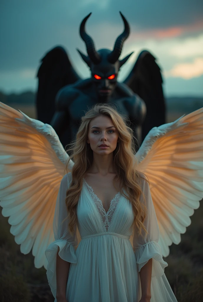 Angel woman with a shadow of a demon
(realistic photo)