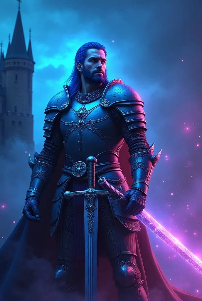 MEDIEVAL WARRIOR ILLUMINATED BY BLUE AND PURPLE LIGHTS