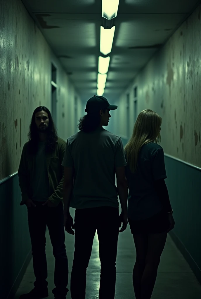 Back view of a man with long hair, a man with a backwards baseball cap, and a blonde woman in a hallway, nightmare