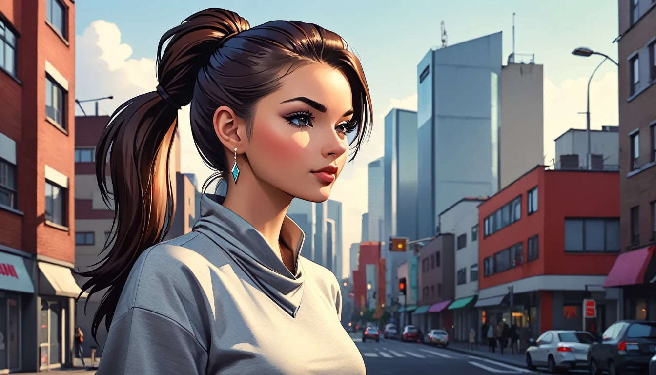 Rhombus neckline . Ponytail girl. Urban city