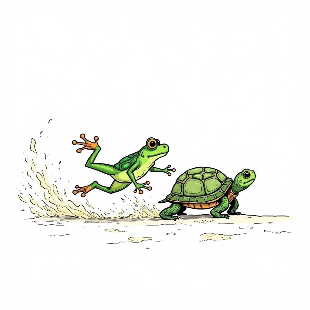 Frog in a cloud of dust, just ahead of the turtle, during a race. line drawing style for children's coloring on white background