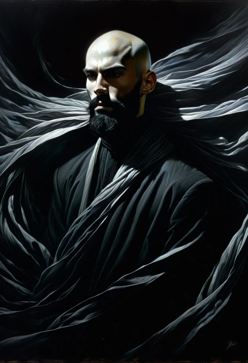 young man, very thin, bald, with black beard, magician, wrapped in dark energies, black and white image, between shadows, oil painting, chiaroscuro, dramatic lighting, moody atmosphere, photorealistic, intricate details, masterpiece, ultra-detailed, high quality, 8k, best quality, realistic, cinematic, dark and brooding, expressionistic, powerful composition, emotional impact, art inspired by Bill Sienkiewicz and Dave McKean
