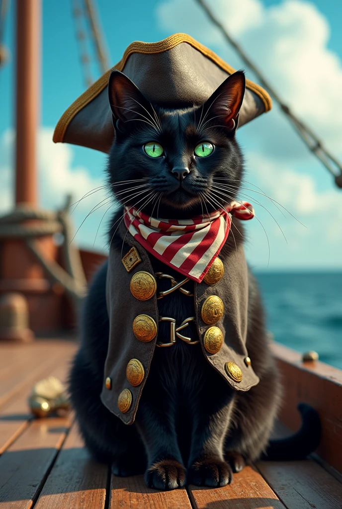 A serious black cat standing on two paws wearing pirate clothes on a boat.