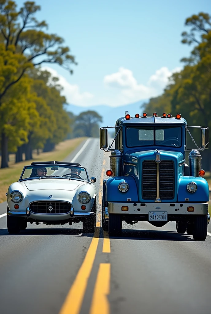 Two vehicles The first is a Saveiro Cross in white the second is a blue Ford f350 tow truck. The white Saveiro is on the left side and the tow truck is on the right side. It is a two-lane double track. The white Saveiro tries to overtake the blue tow truck and ends up colliding on the side