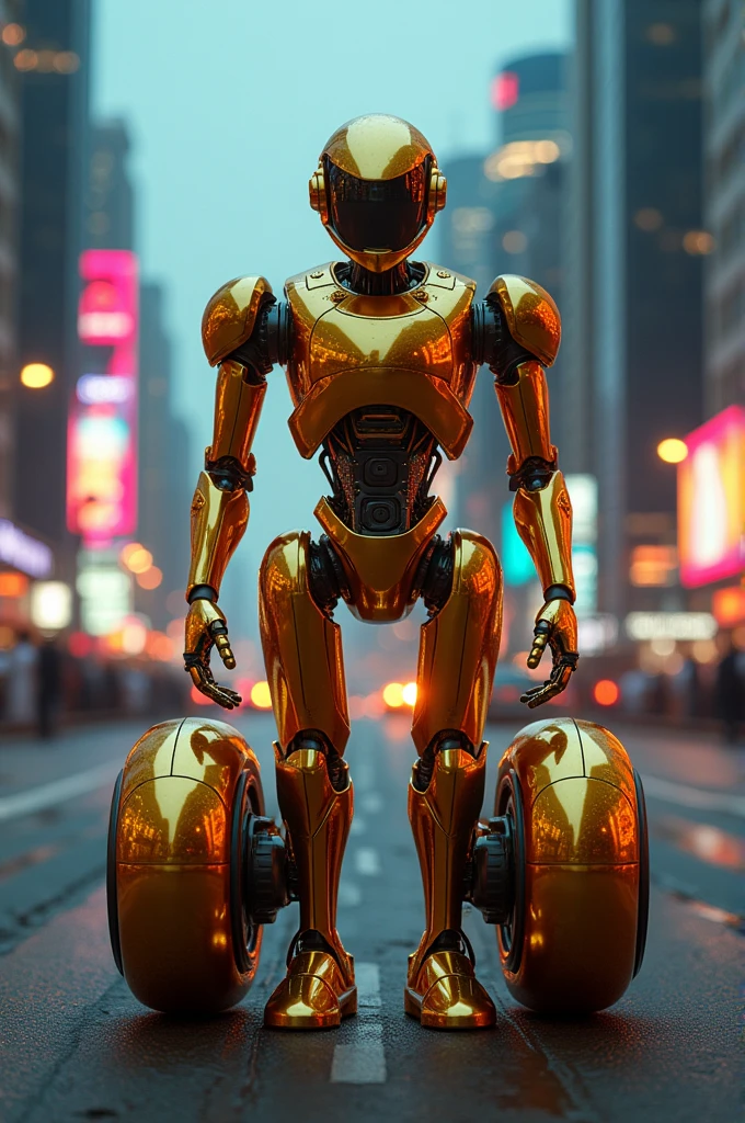 a golden robot with 4 wheels that are not visible