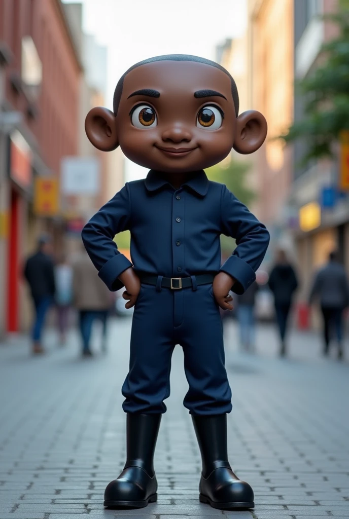 Create an adult mascot without a beard, male, thin, dark-skinned, with brown eyes, of average height, in a dark blue uniform, without a logo, without details, with black boots. , and also with short hair and a little bald with a slightly thin nose