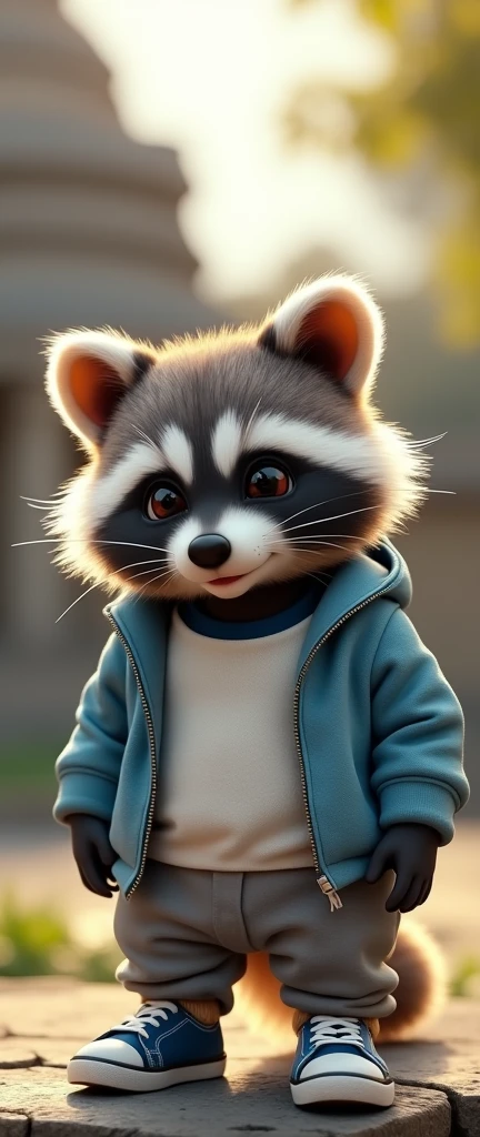 A captivating and adorable 3D rendered photograph of a fluffy baby raccoon with a slightly chubby appearance, exuding cuteness and charm. The raccoon has a gentle expression, round and beautiful cheeks, and large, expressive black and white eyes that seem to gaze downward. It is dressed in a white shirt with a navy blue collar, a white coat with a gradient of light blue, gray pants, and blue and white sneakers. The raccoon is perched on a stone ledge, with a temple in the background. The overall composition exudes a conceptual art, 3D render, and photo feel, creating a surreal and enchanting scene., conceptual art, 3d render, photo