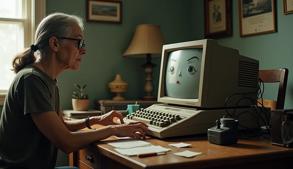Background and setting: A room with ordinary furniture and a table, on which the old computer stands. There is a chair next to the computer, A woman in her 60s with a stern expression sits trying to talk to a computer.
Next to her stands a master.
The computer.: Old model with big buttons, screen and wires. You can add a little comic expression, to emphasize, that he "doesn't listen".
scene:
Elements of humor: Add some small details, to emphasize комичность ситуации
суперреалистичного, Photo