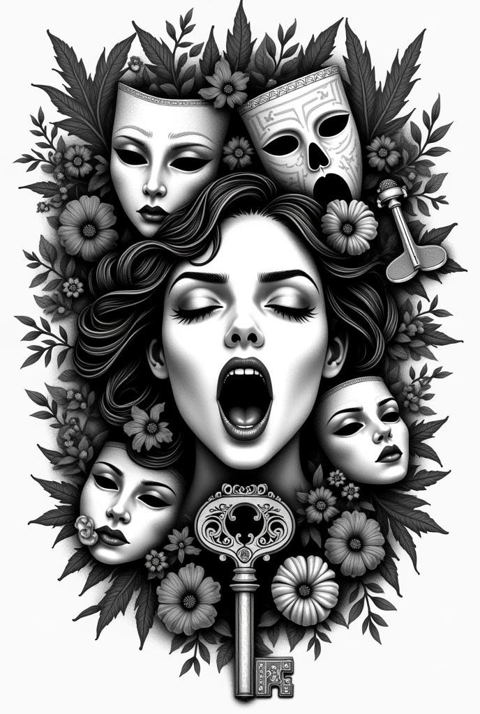 Create a black and white stamp logo
symbols of literature
symbols of music
symbols of painting
symbols of theater
symbols of cinema
symbols of architecture
Screaming of female face and the key to TB
