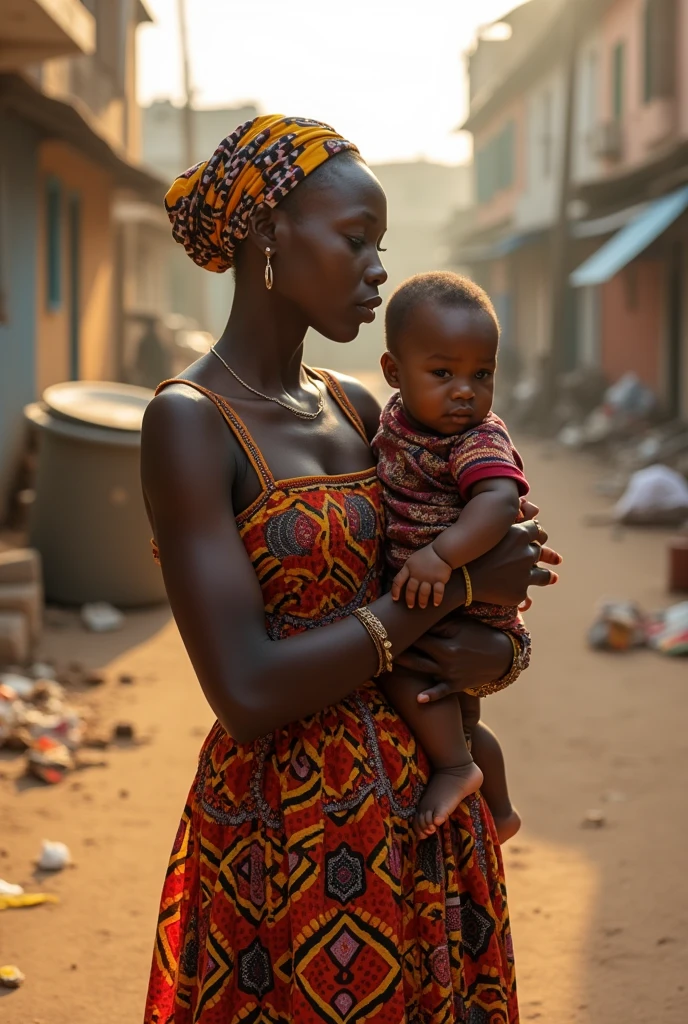 Femme africaine avec un bébé nourrisson dans une rue sale