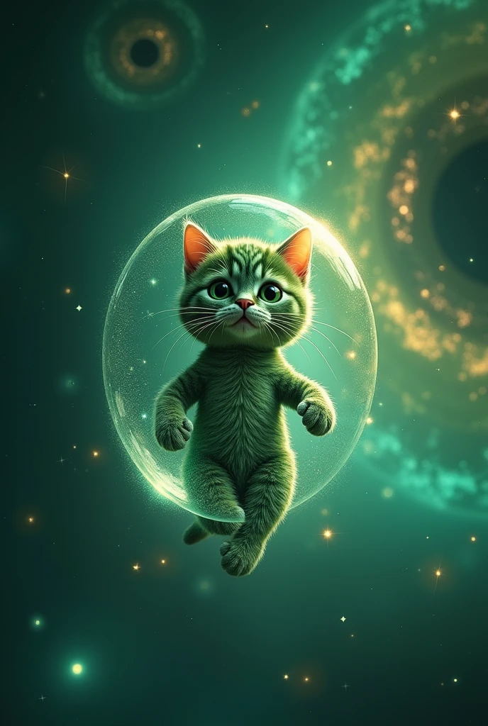 astronaut cat in space in a bubble of cosmic dust, image worked in green