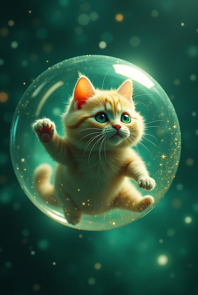 astronaut cat in space in a bubble of cosmic dust, image worked in green