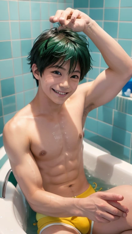 Japanese men、、Well-developed muscles and smooth skin、Fluffy, voluminous, bright green hair、Thin yellow boxer briefs、You can see the whole body from head to toe.、Smiling softly and friendly、Hero Academy、Manly posing in the bathtub
