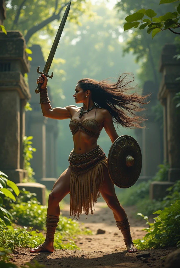 Kalari woman with sword on one hand above head and shield in the other hand, raising from the ground with warrior pose and has very fierce eyes, muscular lean body and long hair
