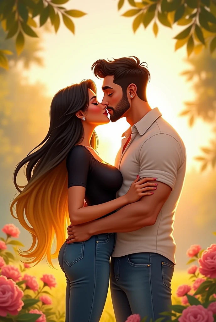 in love Disney Pixar style woman with Arabic features and white man with a few whiskers and a goatee. The man should have short hair and the woman should be the same height as the man.. The woman is a bit voluptuous with yellow highlights in her long dark hair and he's a bit plump now they must be kissing romantically she in jeans and a black shirt and he in jeans and a short-sleeved shirt both should have medium build bodies a bit plump