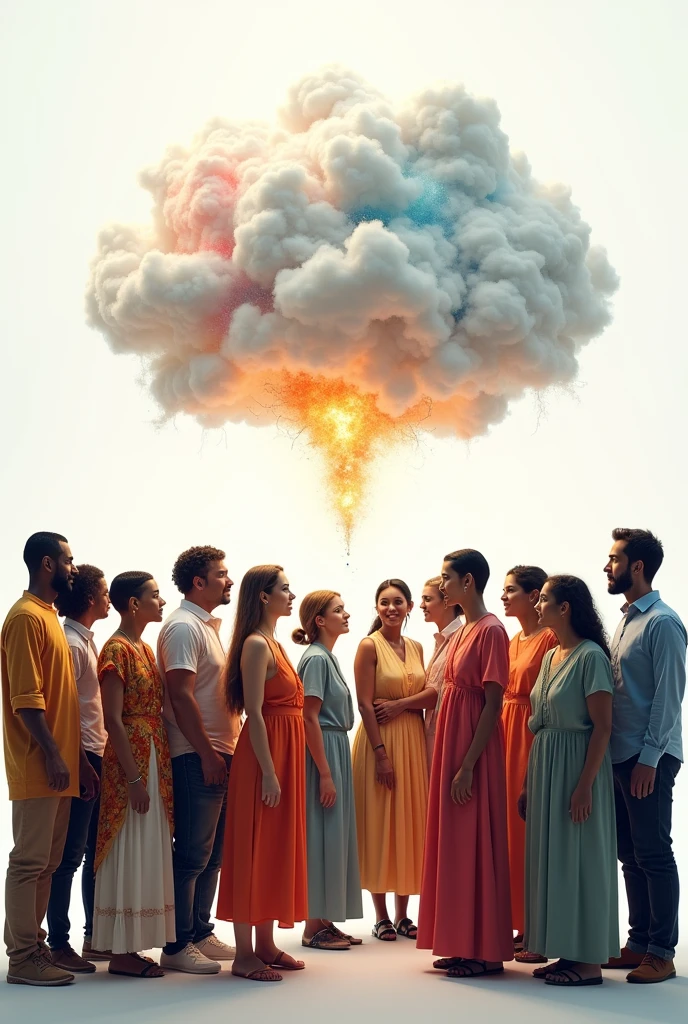 A group of people from different countries communicating with each other, above them a white cloud of thoughts that unites everyone's thoughts into one single entity against a white background. 