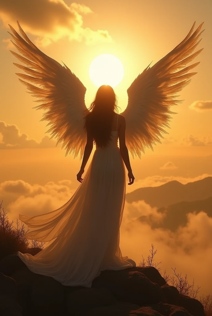 Angel woman with a shadow of a demon, as if the sun were in front of her and you could see Demonia's shadow behind her
(realistic photo)