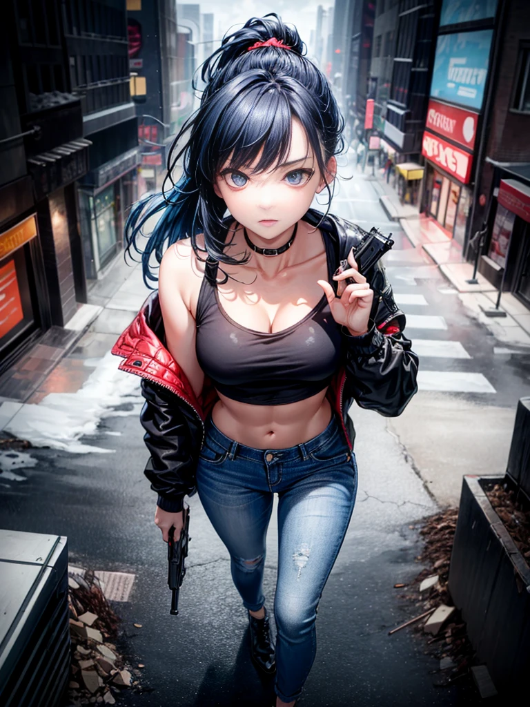 a slender, toned figure girl with bright blue eyes and blue hair in a ponytail, wearing tight jeans, a short jacket, and a top in red, blue, white and black colors, standing in a militant and confident pose with a pistol in her hands and the gun shooting light, against the backdrop of a New York city during the apocalypse with black sludge destroying people behind, with red, white, black, blue lights in the air next to the girl, full body shot from above in a dynamic POV, horror style