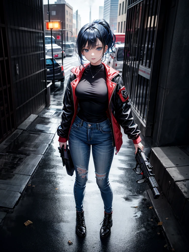 a slender, toned figure girl with bright blue eyes and blue hair in a ponytail, wearing tight jeans, a short jacket, and a top in red, blue, white and black colors, standing in a militant and confident pose with a pistol in her hands and the gun shooting light, against the backdrop of a New York city during the apocalypse with black sludge destroying people behind, with red, white, black, blue lights in the air next to the girl, full body shot from above in a dynamic POV, horror style