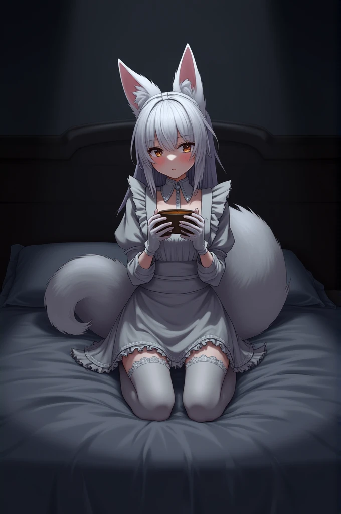 female, white and fluffy fox ears, white and fluffy fox tail, attractive, white maid outfit, white thigh highs, dark and scary walls in the back, sitting on big and dark but comfy bed, holding a warm bowl of soup, small blush on face