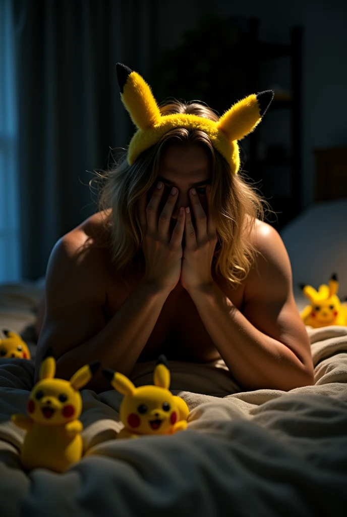 hands forward slightly covering the face , covering the face with hands, avoiding camera, lookos mysterious long blonde hair handsome asian sexy men topless asian blonde men with yellow Pokémon yellow headband , samurai look, silhouette lying sexy in the very very dark bedroom many pikachu toys at the back