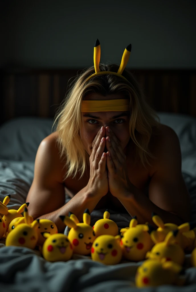 hands forward slightly covering the face , covering the face with hands, avoiding camera, lookos mysterious long blonde hair handsome asian sexy men topless asian blonde men with yellow Pokémon yellow headband , samurai look, silhouette lying sexy in the very very dark bedroom many pikachu toys at the back