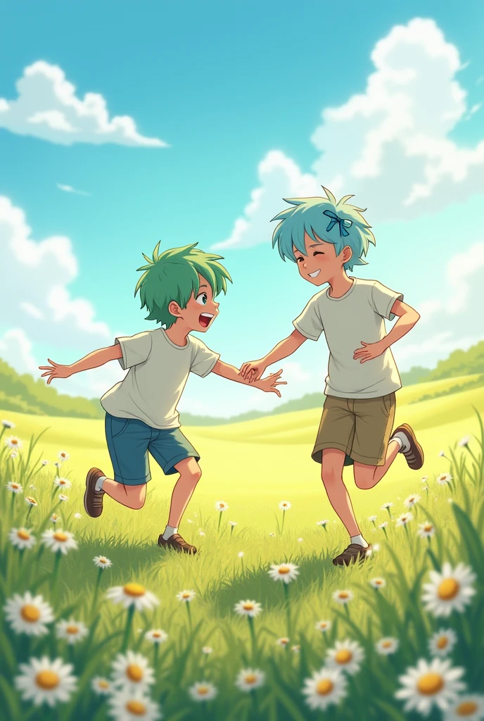 The light-blue haired boy with a blue ribbon on his head is playing with the light-green haired boy with a mischievous face.