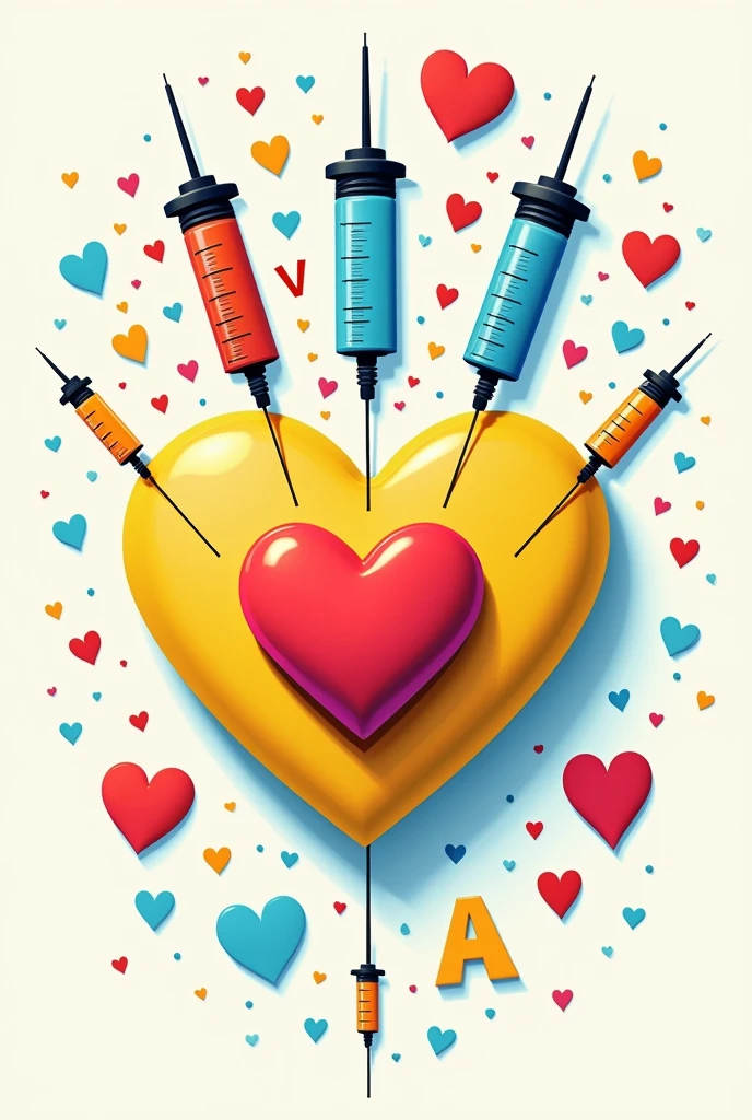 Heart with four syringes stravezandolo, each with one of the letters V I D A , the heart is yellow and blue with a smaller red heart in the middle, Flat image texture with no 3D effect with more syringes and hearts around