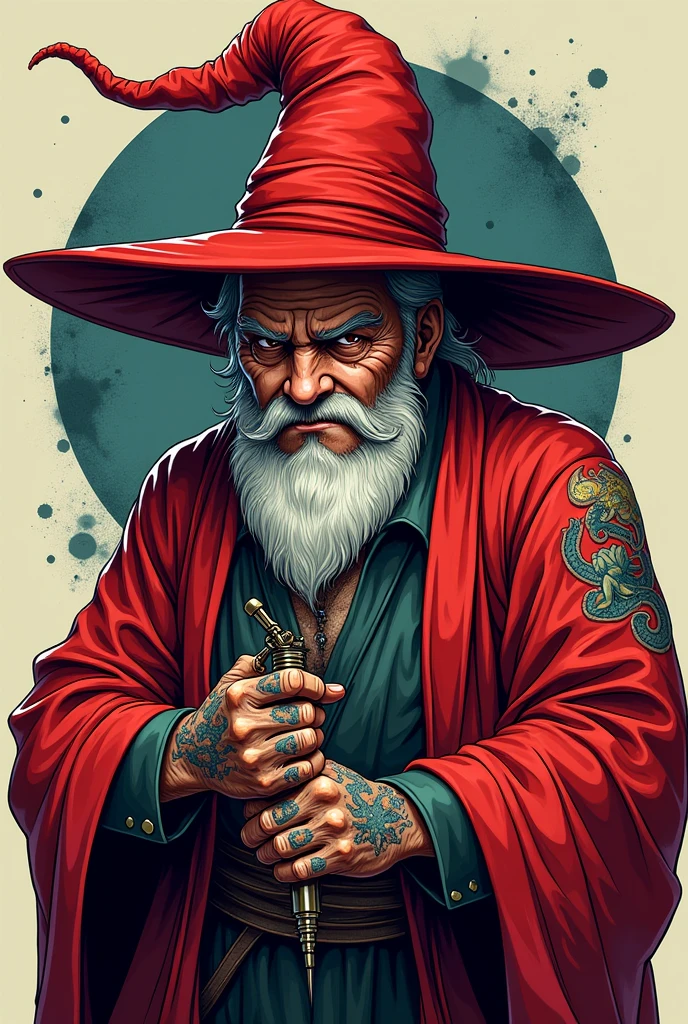Create an anime character like an old male with a mean face holding a tattoo machine for a tattoo studio logo. His name is Wizard, he wears red clothes and has tattoos. The image is only from the chest up. , He has a big red anime wizard hat