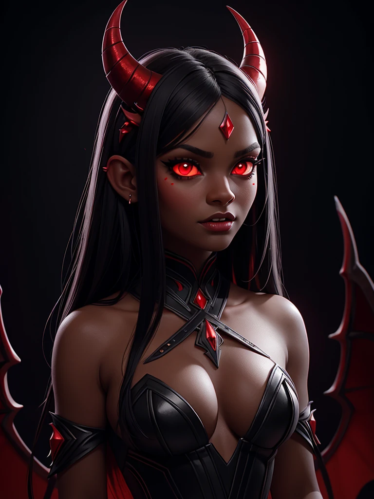 a she devil, beautiful detailed eyes, beautiful detailed lips, extremely detailed face, horns, demonic, sharp fangs, glowing red eyes, black hair, dark skin, dark red and black dress, full body, dark background, sinister expression, dark fantasy, digital painting, realistic, 8k, high quality, intricate details, cinematic lighting, dramatic colors, chiaroscuro