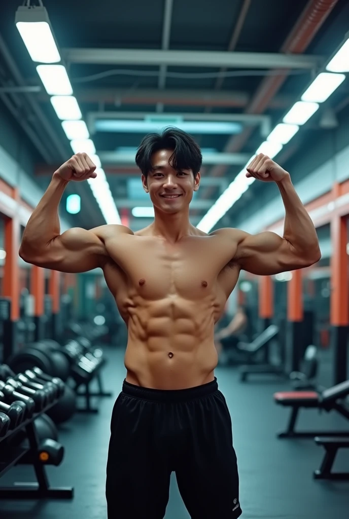 seventeen's mingyu flexing his arms at the gym after a workout