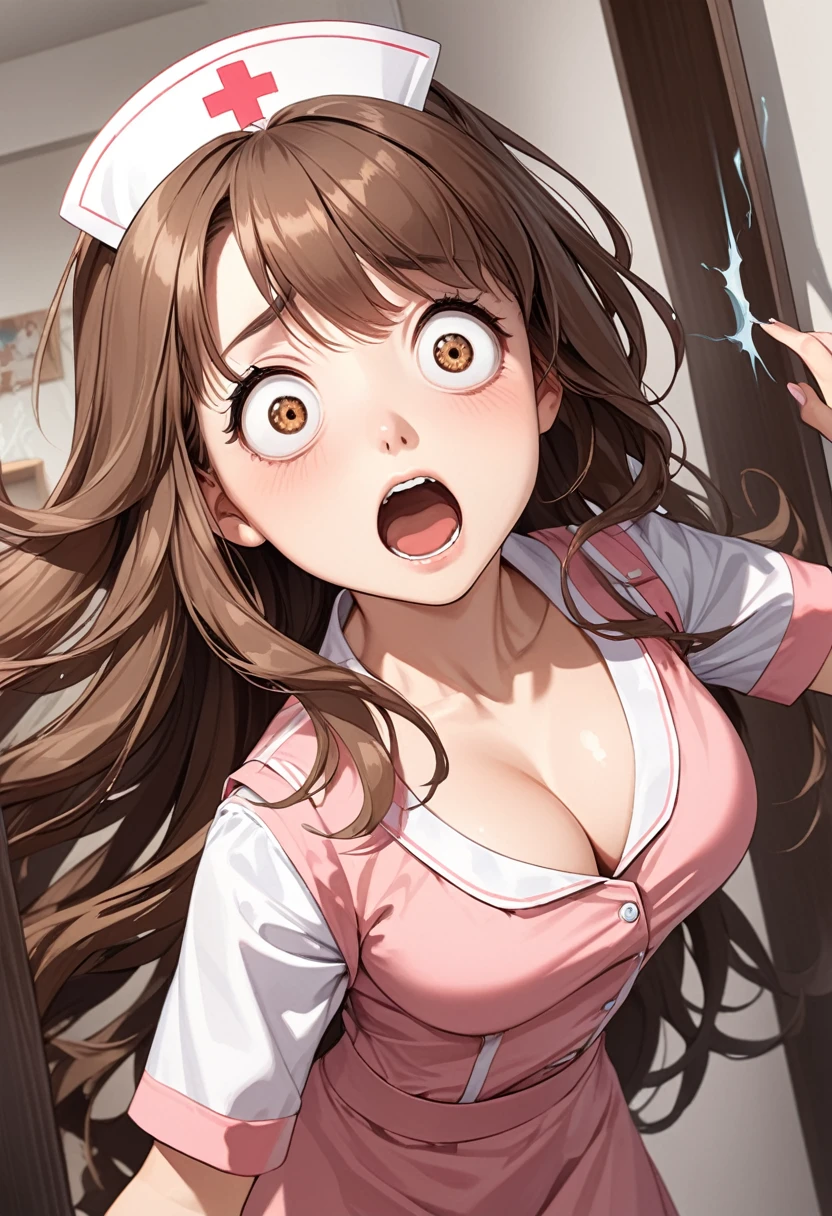 detailed illustration, dynamic angle, ultra-detailed, illustration, 1girl, 18 year old, school girl, nurse outfit, cleavage, wavy brown hair, long hair, bright brown eyes, cleavage, medium breasts, wide eyes, shock, surprised, shocked eyes, gasping, confused, walking into bedroom,