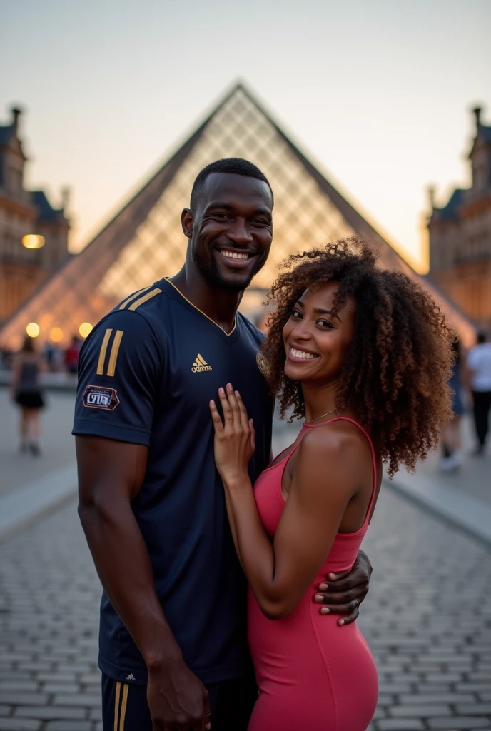 Illustration of a black football player with a similar appearance to Jobe Bellingham next to a black curly woman resembling singer Tyla in front of the Louvre Museum in Paris.