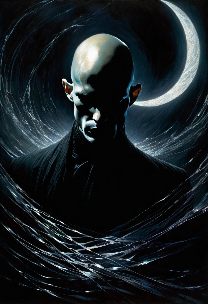 young man, very thin, bald, with black beard, magician, wrapped in dark energies, black energies, magic, moon, black and white image, between shadows, oil painting, chiaroscuro, dramatic lighting, moody atmosphere, photorealistic, intricate details, masterpiece, ultra-detailed, high quality, 8k, best quality, realistic, cinematic, dark and brooding, expressionistic, powerful composition, emotional impact, art inspired by Bill Sienkiewicz and Dave McKean